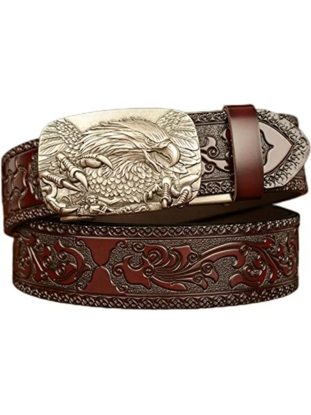Genuine Leather Men's Ratchet Belt with 3D Eagle Sliding Buckle, Vintage